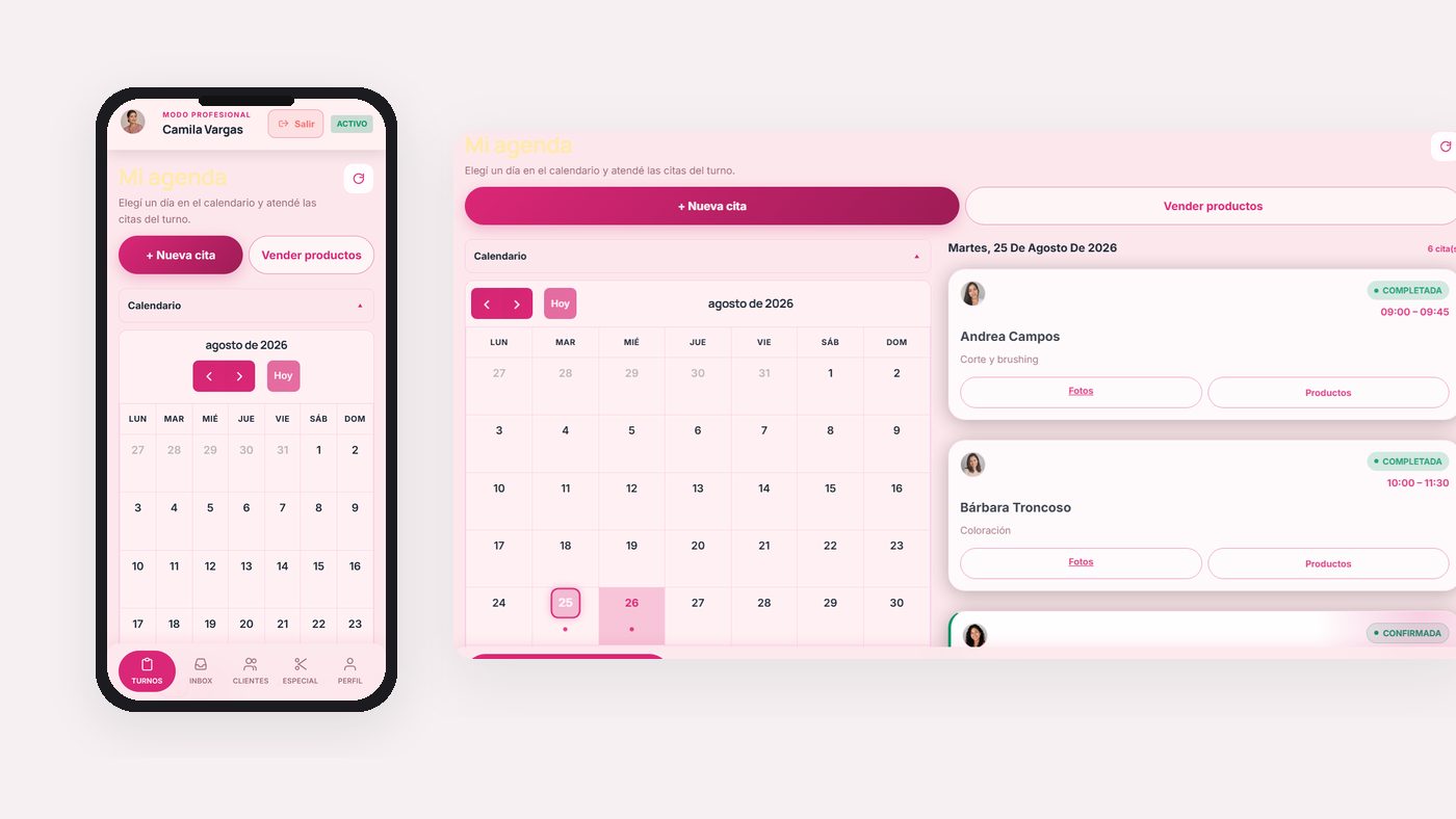 Agenda del profesional en celular y escritorio: citas del día, calendario y acciones